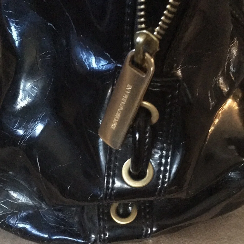 🏆HP🏆 𝅺Authentic EMPORIO ARMANI Crackled Black Patent Bowling Bag w Chains